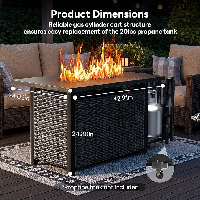 43” Outdoor Propane Fire Pit Table, 50,000 BTU Square Rattan Gas Fire Pit with Lid & Blue Crystal Stones, Steel Tabletop, Adjustable Flame, 4-in-1 FirePit Table for Patio, Backyard, Outdoor Gatherings