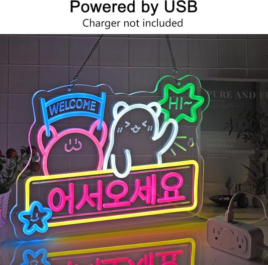 Korean Welcome Neon Sign,Bar Shop LED Light Sign Wall Decor | Neon Lights Hanging Wall Art Decoration for Korean Store Soju Markets Kitchen Home Decor, USB Powered Dimmable,15.75×11.4 In