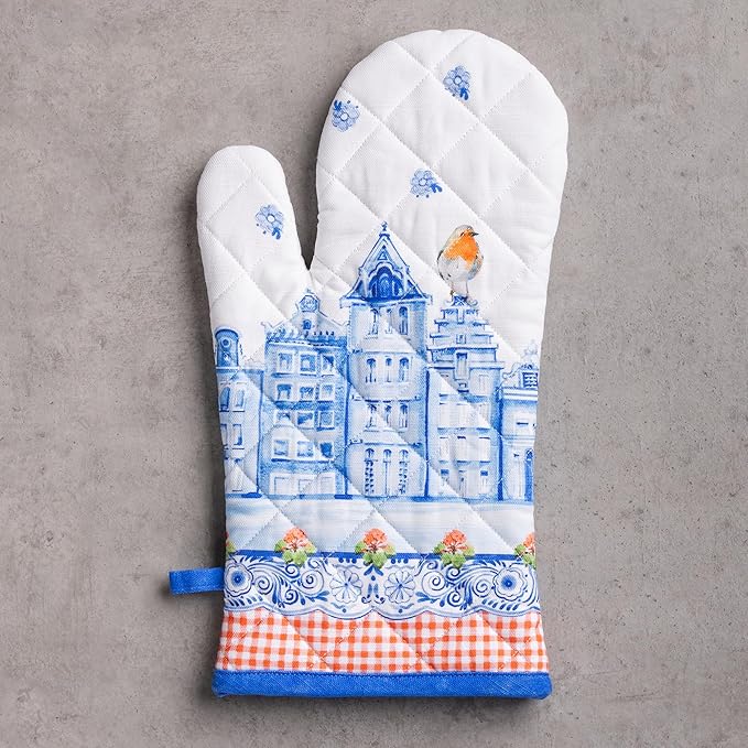 Maison d'Hermine Oven Gloves 100% Cotton Oven Mitt 7" x 13" with Loop Heat Resistant BBQ Cooking Gloves Baking Grilling Kitchen Hotel Home Farmhouse Spring Summer (Pack of 1, Amsterdam Canals)