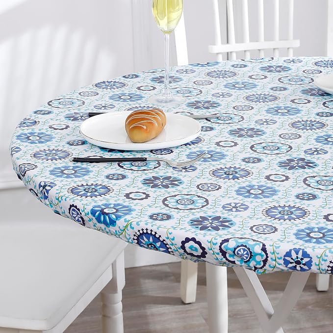 Walrus Round Vinyl Fitted Tablecloth with Flannel Backing Elastic Edge Design Table Cover Waterproof Oil-Proof PVC Table Cloth Stain-Resistant Best for 57"-66" Round