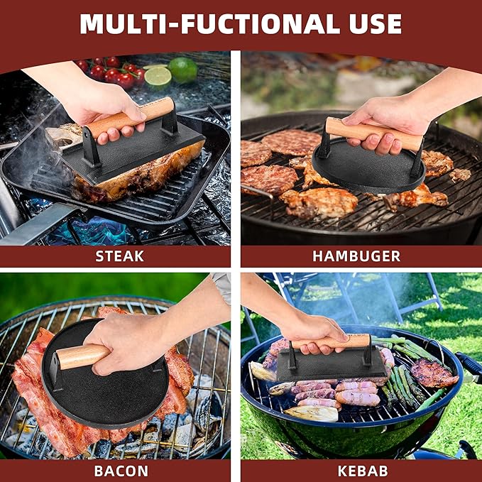 LWWTBS Burger Press Heavy-Duty Cast Iron Smashed Meat Steak Weight Grill Griddle Press (7" Round & 8.2"X4.3" Rectangle) with Wood Handle for Blackstone Griddle