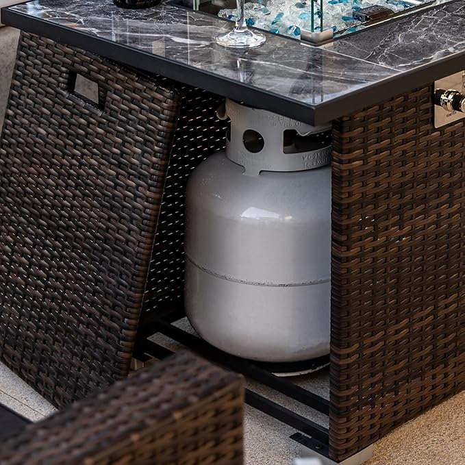 44" Outdoor Propane Fire Table, 50,000 BTU Gas Fire Pit with Ceramic Tile Top, PU Rattan Base, Tempered Glass Wind Guard, Lid & Waterproof Cover, Rectangular Patio Firepit for Backyard, Deck & Garden