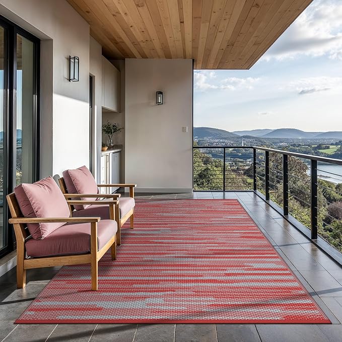 GENIMO Outdoor Rug, Waterproof Plastic Rugs for Patio, 6'x9' Crimson Grey | Outside Larger Modern Carpet Mat for Porch Decor, Deck, Balcony, Camping, RV, Backyard, Picnic, Beach, Reversible, Foldable