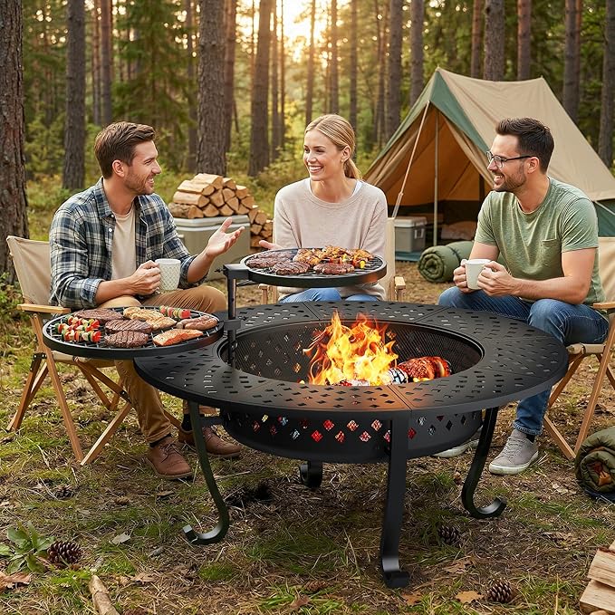 Outdoor Fire Pit, 43" Fire Pit for Outside Wood Burning with Adjustable 2 Grills, Firepit with Lid and Fire Poker, BBQ, Bonfire, Round Outdoor Fireplace 3 in 1 for Patio, Backyard, Garden, Camping