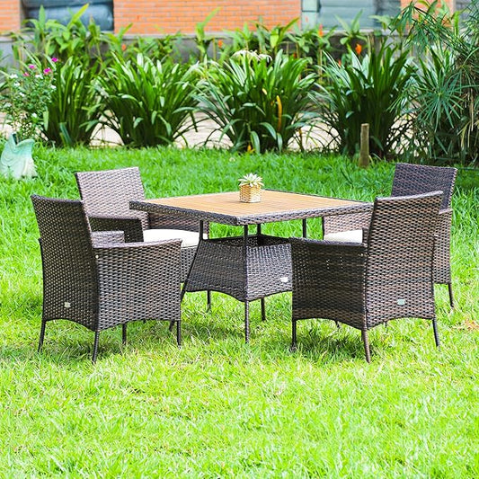 Tangkula 5 Pieces Wicker Patio Dining Set, Outdoor Acacia Wood Dining Furniture with 4 Armrest Chairs & 1 Dining Table, Rattan Conversation Set with Cushions & Umbrella Hole for Backyard Garden Porch
