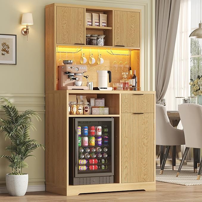 kepptory 72" Mini Fridge Cabinet with Storage, Coffee Bar Cabinet with Mini Fridge, Tall Coffee Bar Station with RGB LED Light, Wine Glass Holder, for Home Kitchen Living Room, Retro