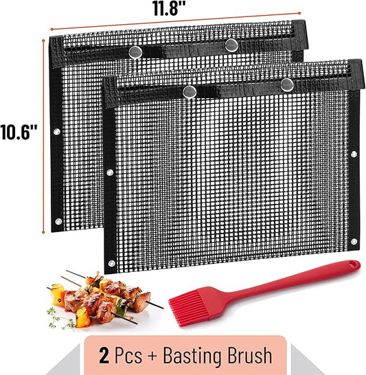 UNCO BBQ Grilling Bags, 2 Pack, 11.8"x10.6", Mesh Grill Bags with Basting Brush, Easy to Clean, Reusable Mesh Barbecue Pouch