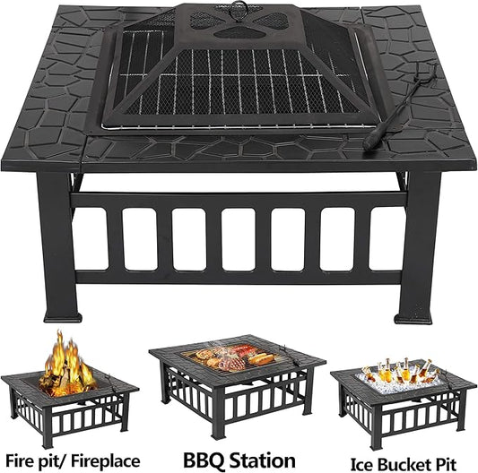 HomGarden 32" Fire Pit Outdoor Patio Square Metal Heater Deck Firepit Backyard Garden Home Stove Burning Fireplace w/Spark Screen,Poker,Cover,Grill