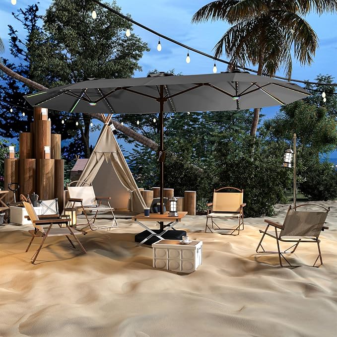 AreShark 15FT Large Rectangular Patio Umbrella with Solar Lights, Gray | Rectangle Lighted Outdoor Umbrella with Crank, Double-Sided Market Umbrella with Base for Porch, Lawn, Pool, Backyard