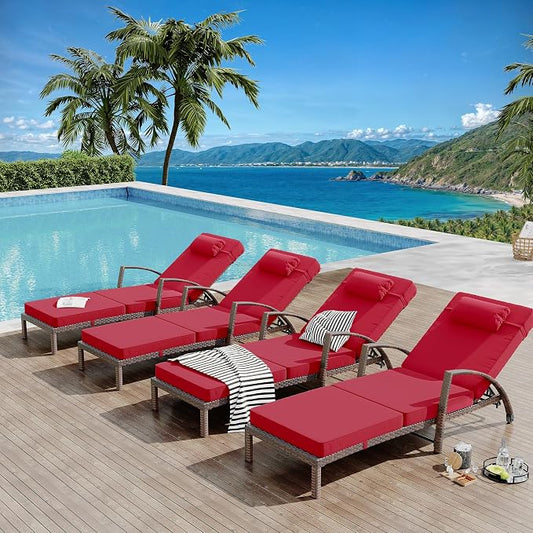 PeakPursuit Outdoor Lounge Chairs Set of 2, Pool Lounge Chairs for Outside Patio Furniture, Outdoor PE Rattan Wicker Patio Chaise with 5-Positions Adjustable for Poolside, Deck,Red