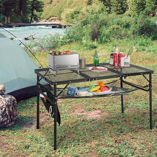 REDCAMP 48x24 Long Folding Grill Table for Outside, Lightweight Portable Double Layer Metal Aluminum Outdoor Grill Table with Adjustable Height Legs, Great for Camping Picnic Cooking BBQ, Black 4ft