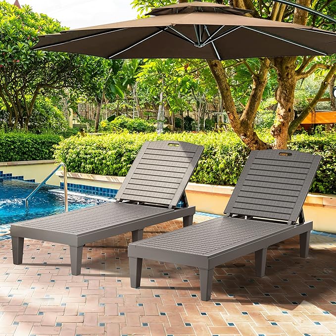 YITAHOME Outdoor Chaise Lounge Chair, Plastic Pool Chaise Lounge with 5-Position Backrest, Easy Assembly & Waterproof for Patio & Poolside, Set of 2, Grey