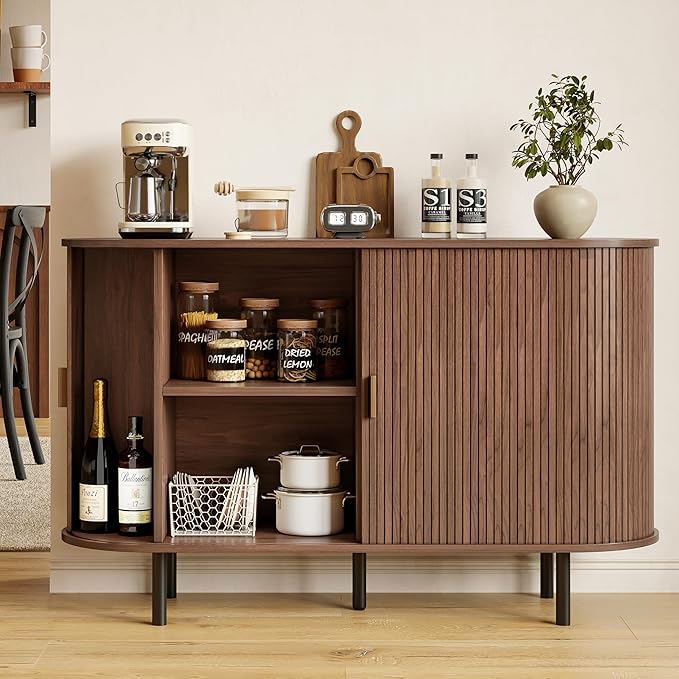 Buffet Sideboard Cabinet with Storage, 48" Fluted Cabinet with Sliding Door & Adjustable Shelf, Modern Accent Coffee Bar Console Table for Kitchen, Entryway, Walnut
