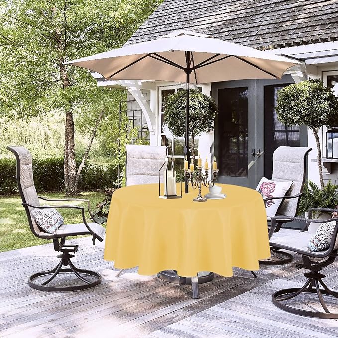 LUSHVIDA Round Outdoor Tablecloth with Umbrella Hole and Zipper, 60 Inch Yellow, Washable Waterproof Table Cloth Spill Proof Wrinkle Free Table Cover for Patio Spring Summer Picnic BBQS