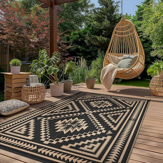 GENIMO Outdoor Rug, Waterproof Plastic Rugs for Patio, 8'x10' Dark Brown | Outside Larger Modern Carpet Mat for Porch Decor, Deck, Balcony, Camping, RV, Backyard, Picnic, Beach, Reversible, Foldable