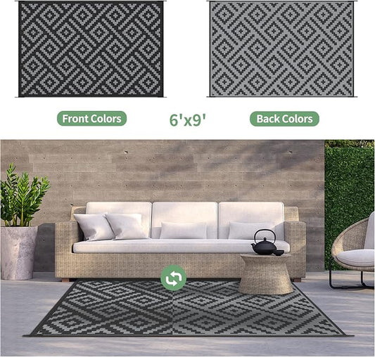 GENIMO Outdoor Rug, Waterproof Plastic Rugs for Patio, 6'x9' Black Grey | Outside Larger Modern Carpet Mat for Porch Decor, Deck, Balcony, Camping, RV, Backyard, Picnic, Beach, Reversible, Foldable