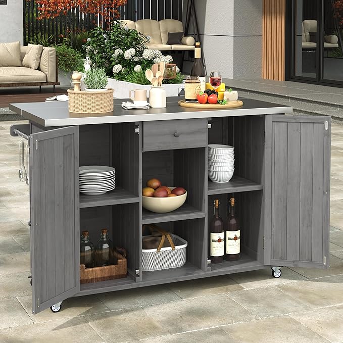 Outdoor Kitchen Island 52.25" W x 28.75" D x 36.25" H Solid Fir Wood with Stainless Steel Top Grey
