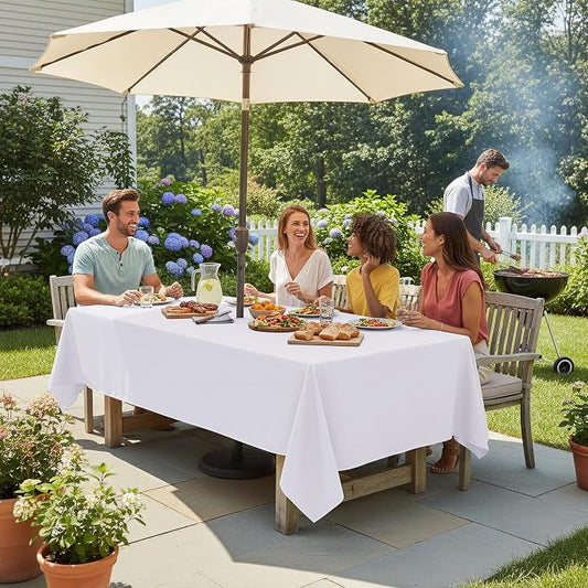 LUSHVIDA Rectangle Outdoor Tablecloth with Umbrella Hole and Zipper, 52x70 Inch White, Washable Waterproof Table Cloth Spill Proof Wrinkle Free Table Cover for Patio Spring Summer Picnic BBQS