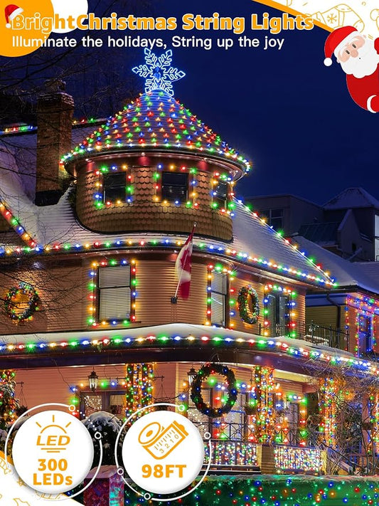 BrightChristmas 300 LED 98 FT Christmas Lights, Waterproof Outdoor String Lights with Remote and Timer, Christmas Tree Lights with 8 Modes Dimmable, Fairy Lights for Holiday Decor (Multicolor)