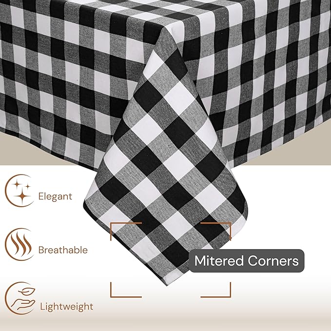 Black and White Buffalo Check Tablecloth, 60x102 Inches, Plaid Dining Table Cover, 100% Cotton, Washable, Reusable Farmhouse Table Linen for Holidays, Party, Wedding and Everyday Use