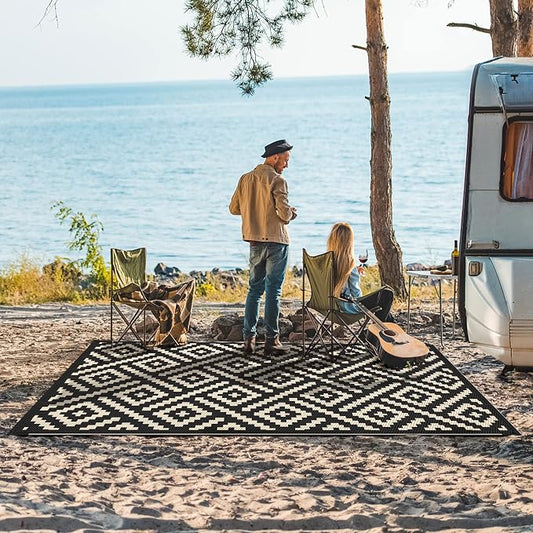 GENIMO Outdoor Rug, Waterproof Plastic Rugs for Patio, 6'x9' Black Beige | Outside Larger Modern Carpet Mat for Porch Decor, Deck, Balcony, Camping, RV, Backyard, Picnic, Beach, Reversible, Foldable