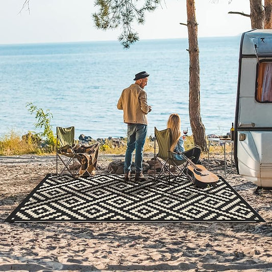 GENIMO Outdoor Rug, Waterproof Plastic Rugs for Patio, 8'x10' Black Beige | Outside Larger Modern Carpet Mat for Porch Decor, Deck, Balcony, Camping, RV, Backyard, Picnic, Beach, Reversible, Foldable