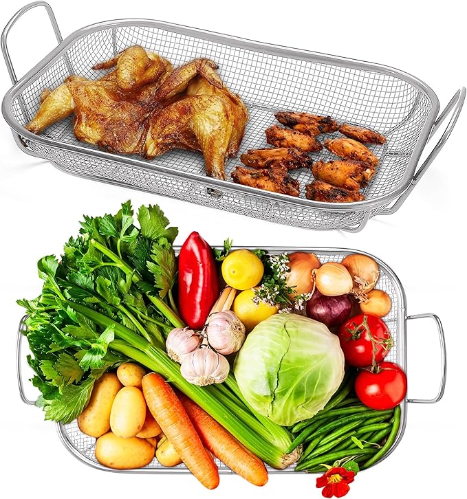 Homi Styes Grill Baskets for Outdoor Grill – 15 x 11-inch Vegetable Grill Basket – Grill Vegetable Basket with Handles – Rustproof Stainless Steel Mesh Veggie Grilling Basket