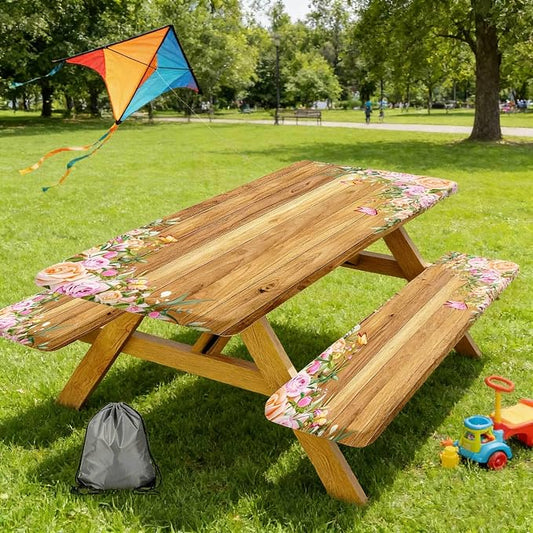 Camper Picnic Table Cover with Bench Covers Elastic Edges, Wooden Camper Fitted Table Cover, Outdoor Patio Camping Essentials 60 Inch 3PCS, Waterproof Camping Fitted Tablecloth with Drawstring Bag