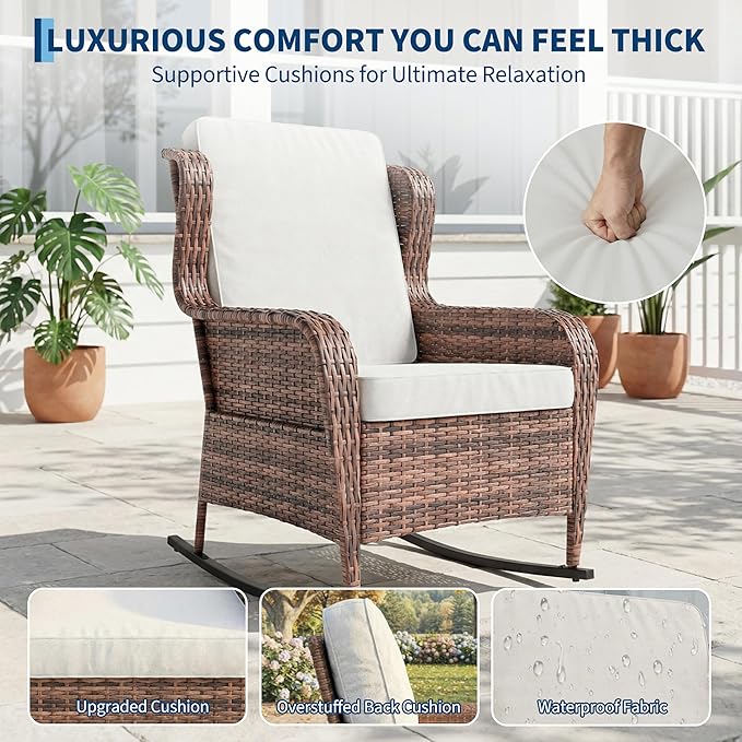 GarveeLife Single Wicker Rocking Chair, Classic Rattan Rocker with Brown Gradient and White Cushion, for Porch Relaxation