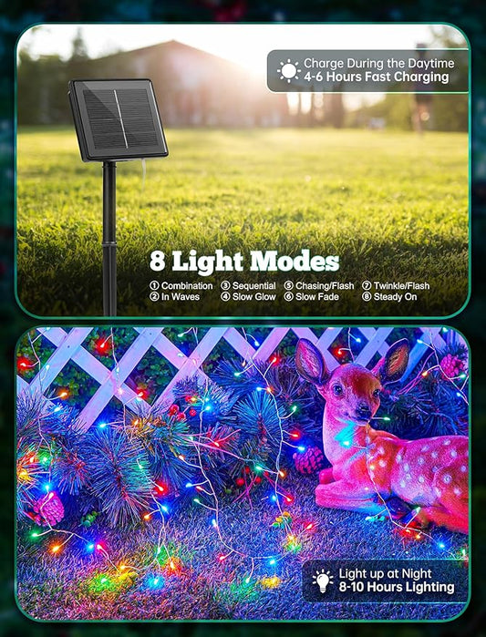Brightown Solar Lights for Outside, 10Ft 120 LED Solar String Lights Outdoor Waterproof, 8 Modes Firecracker Balcony Light for Tree Patio Christmas Party Wedding Decor, Multicolor