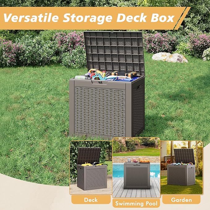 Fancyango 32 Gallon Outdoor Deck Box Waterproof, Storage Box for Patio, Resin Storage Bench Lockable for Garden Tools, Package Delivery, Grey