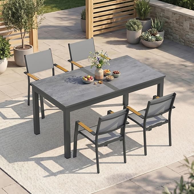 RoyalCraft 5-Piece Outdoor Dining Set with Adjustable Length Dining Table, 92" L×33.5" W Expandable Patio Table and Chairs Set for 4, Aluminum Stackable Chairs with Quick Drying Fabric for Porch, Grey