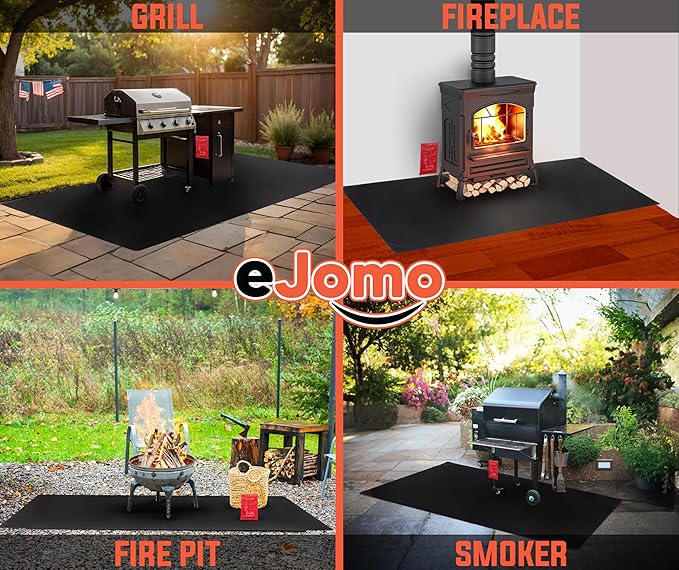 Under Grill Fire Pit Mats for Outdoor Grill Deck Protector - Black Under BBQ Grill Mat w/Fire Blanket & Corner Weights, Double-Sided Fireproof Design, Heat Resistance Up to 2000°F (48x90)