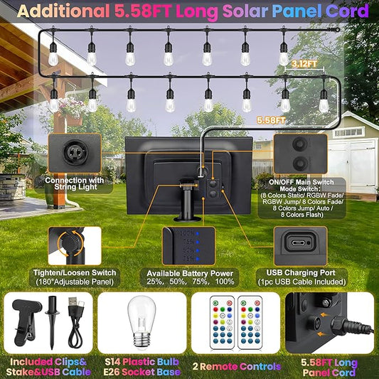 Larkvue 50FT RGB Solar Outdoor String Lights with Remote, Dimmable Waterproof Patio Lights with 15 LED Shatterproof Edison Bulbs for Backyard-Black