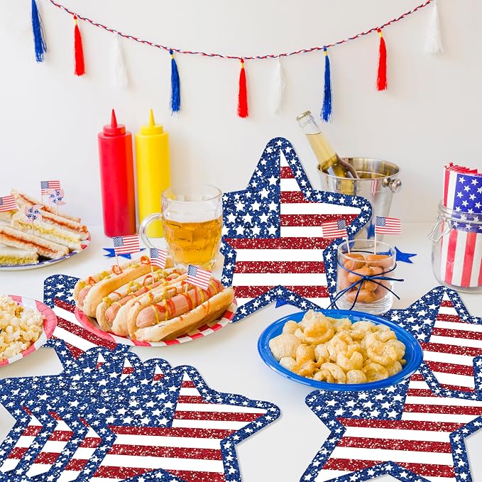 24 PCS Independence Day Star Shaped Placemats Set, 12" x 12" Patriotic American Flag Red White Blue Star Placemat Disposable Table Mats for 4th of July Party BBQ Picnic Dining Table Decoration