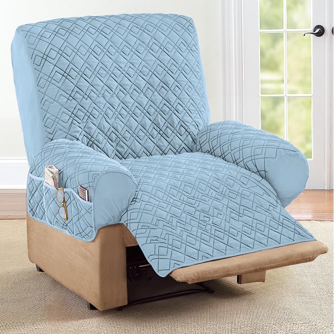 Collections Etc Diamond-Shape Quilted Stretch Recliner Cover with Storage Pockets and Elastic Straps - Furniture Protector | Blue, Recliner, polyester, Storage Pocket