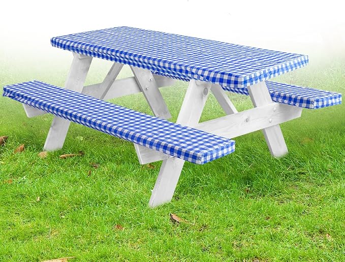 LINPRO Premium Picnic Table Cover with Bench Covers Vinyl Fitted Picnic Table Covers with Elastic RV Camping Accessories and Camper Must Haves Waterproof (Blue Gingham, 96 x 30(8ft))