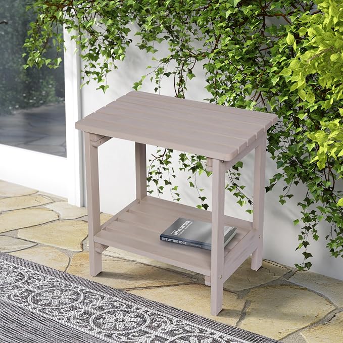 Shine Company Providence Rectangular Solid Wood Side Table, Outdoor Adirondack Patio Table, Graystone