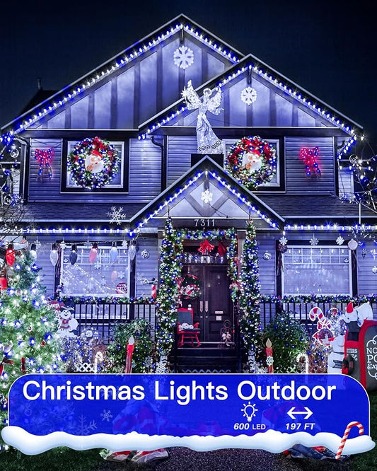 196FT 600 LED Christmas Lights Outdoor Waterproof, Timer & Memory Function, 8 Modes Blue White String Lights Plug in Twinkle Lights for Xmas Tree Holiday Garden Indoor Party Decor