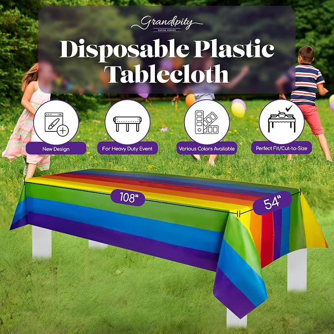 Grandipity Carnival Pride Rainbow Banner Theme 12 Pack Premium Disposable Plastic Tablecloth 54 Inch. x 108 Inch. Decorative Rectangle Table Cover
