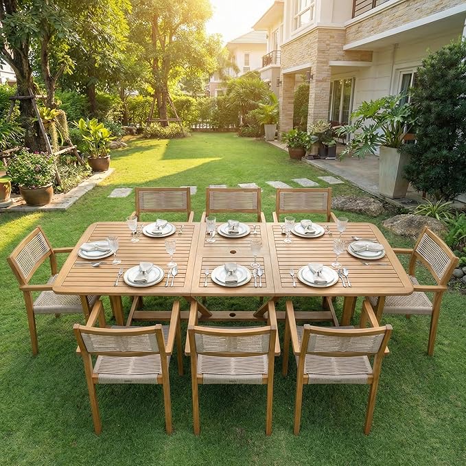 Acacia Heritage Woven Rope Wood Armchair, Set of 2 - Handcrafted Outdoor Patio Dining Chairs with UV Resistant Finish - Solid Wood Boho Accent Seating for Deck, Porch & Backyard, Natural
