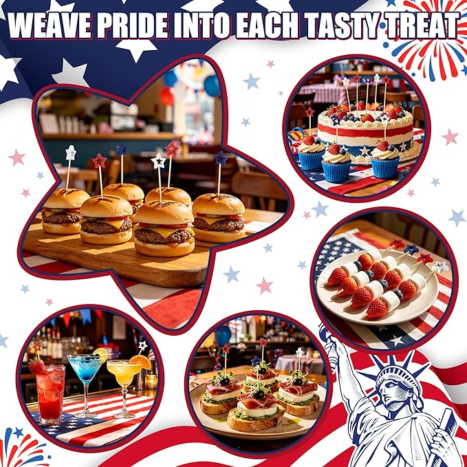 4th of July Cocktail Picks, Red White Blue Star Toothpicks for Appetizers Food Drinks, 4.7 IN Bamboo Fruit Skewers Charcuterie Sticks, Independence Memorial Day Patriotic Party Decorations Supplies