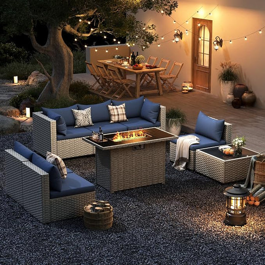 UDPATIO Patio Furniture Set with Fire Pit Table, 8 Pcs Outdoor Sectional Sofa, PE Wicker Patio Conversation Set for Garden, Backyard (Blue Cushions with Light Grey Rattan)