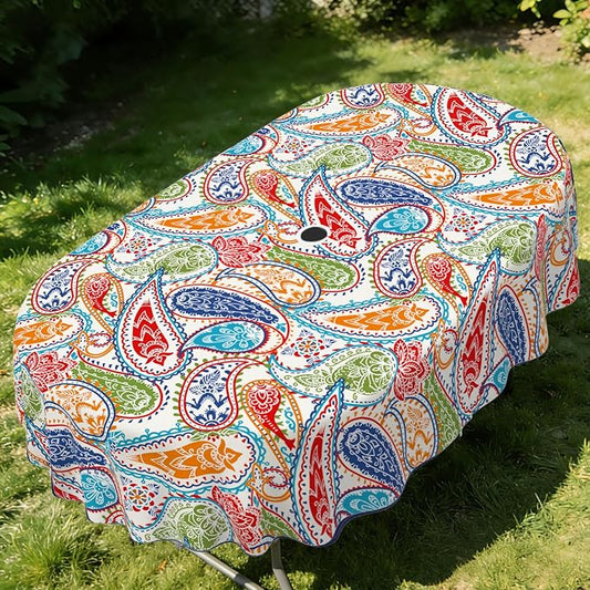 Outdoor Tablecloth with Umbrella Hole Elegant Zipper Patio Table Cloth for Outdoor Patio Garden Yard Decor