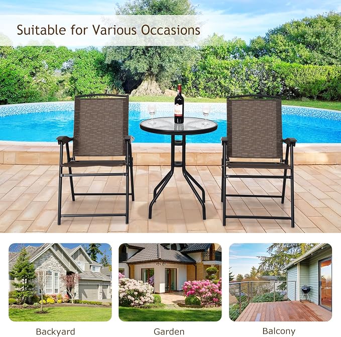 LDAILY LUARANE 3 Piece Patio Bistro Set, Outdoor Table and Chairs Set, 2 Folding Chairs & Coffee Table w/Textured Glass Tabletop, Small Patio Furniture Set for Balcony, Front Porch, Backyard & Garden