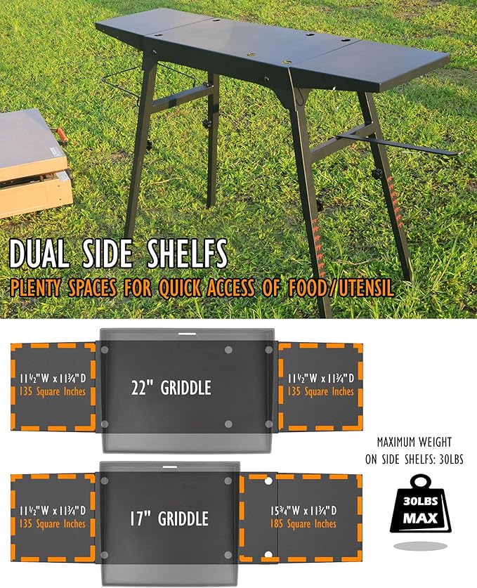 Folding Stand for Blackstone 17 & 22 Inch Tabletop Griddle – Portable Grill Table with Adjustable Legs for Uneven Ground, Side Shelves, Paper Towel Holder, Trash Bag Holder – Heavy Duty for Camping
