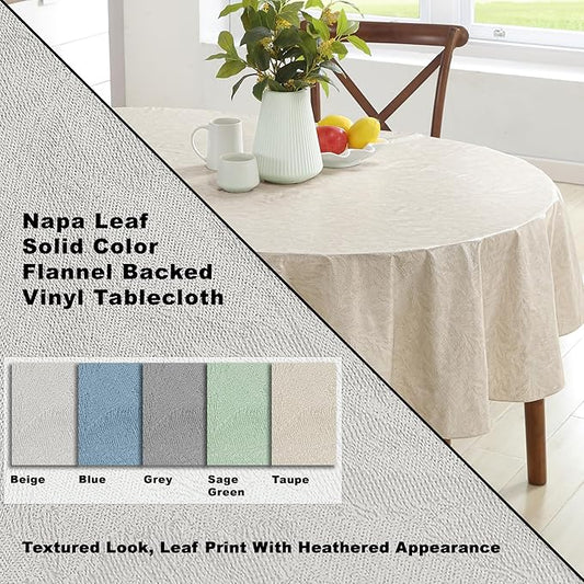 Newbridge Napa Leaf Taupe Vinyl Flannel Backed Tablecloth, 60 x 102 Inch Oval, Hotel Quality Waterproof Indoor Outdoor Table Cover for Kitchen, Patio, Dining, BBQ