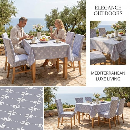 7 Pcs Gray Floral Tablecloth and Chair Covers Set Waterproof Vintage Farmhouse Rectangular Table Cover with Stretch Chair Slipcovers for Dining Room Patio Parties