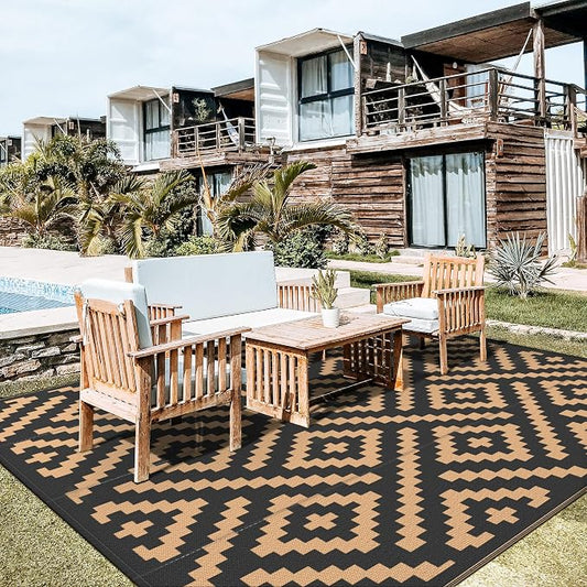 GENIMO Outdoor Rug, Waterproof Plastic Rugs for Patio, 10'x10' Black Brown | Outside Larger Modern Carpet Mat for Porch Decor, Deck, Camping, RV, Backyard, Balcony, Picnic, Beach, Reversible, Foldable