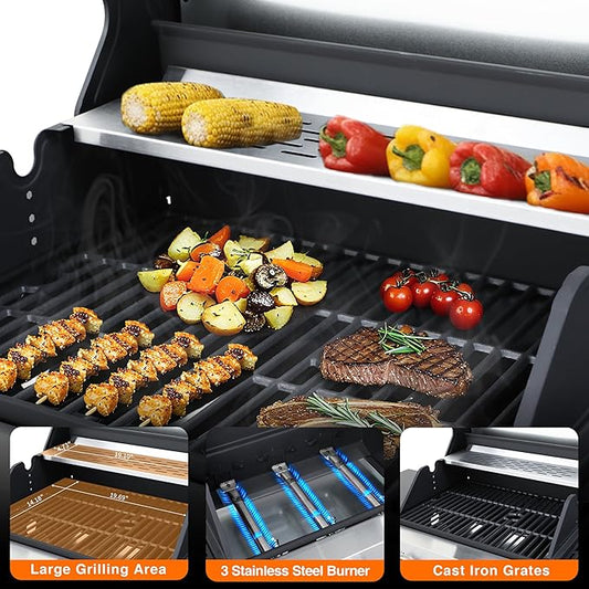 3-Burner Propane Gas Grill for Backyard - 39,000 BTU BBQ with Side Burner, Porcelain Cast Iron Grates, Stainless Steel Outdoor Grill for Camping & Tailgating, Fast Heating